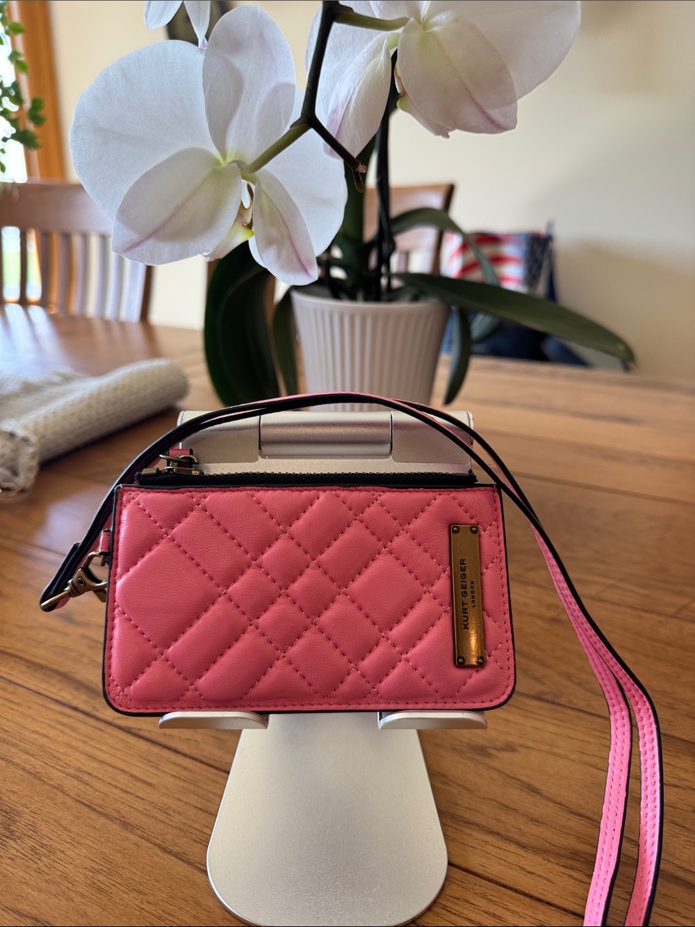 Kurt Geiger Pink Quilted Mini Crossbody Bag with Gold Plaque